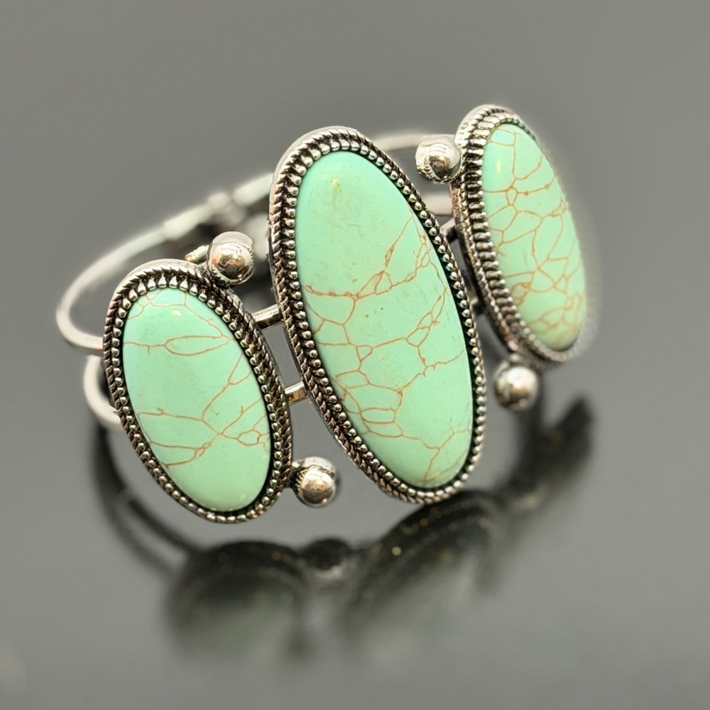 Turquoise Style Oval‎ Three Stone Hinge Bangle Bracelet Silver Tone Southwestern